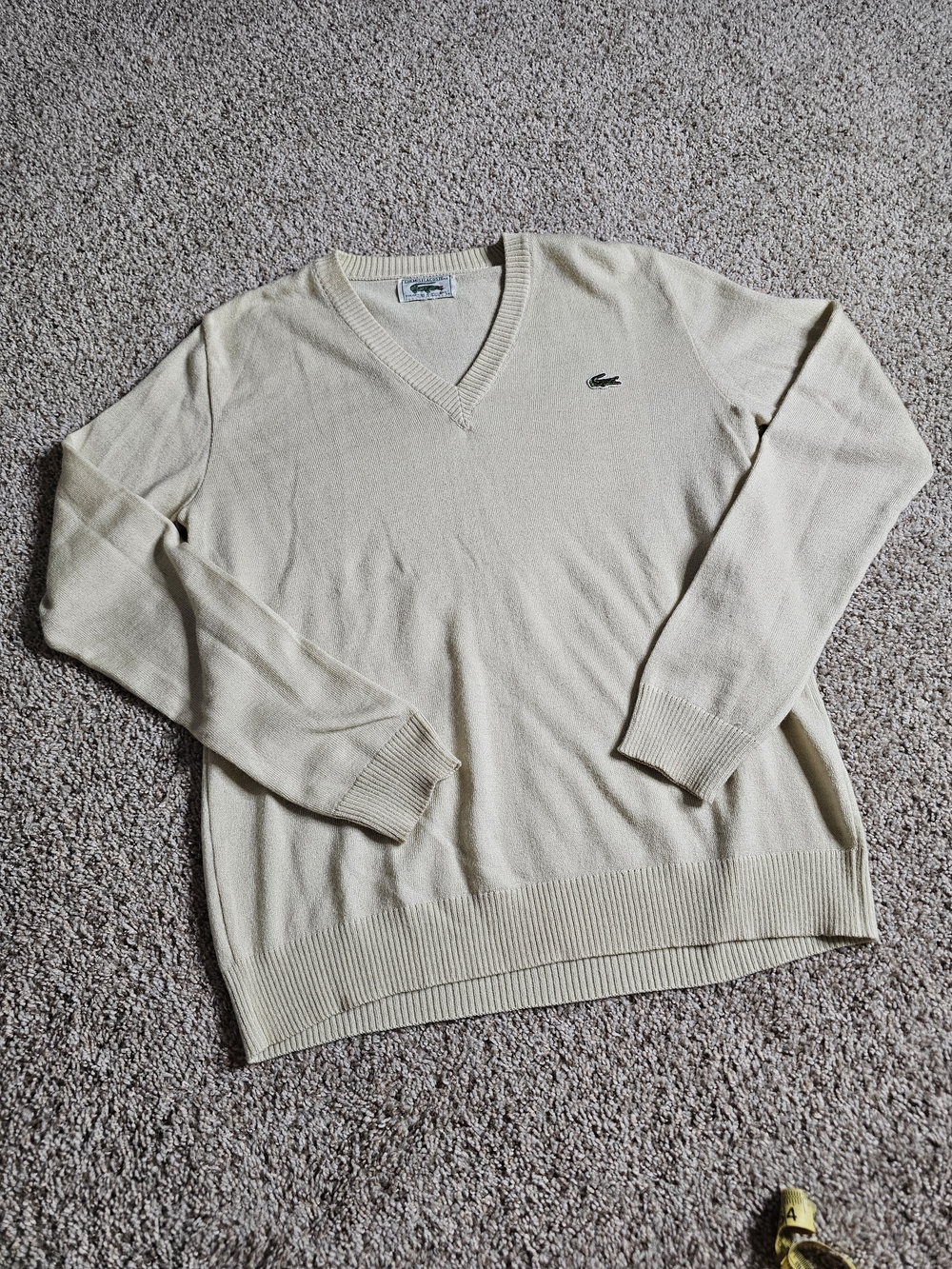 Vintage Lacoste Men’s Cream V-Neck Cotton Sweater